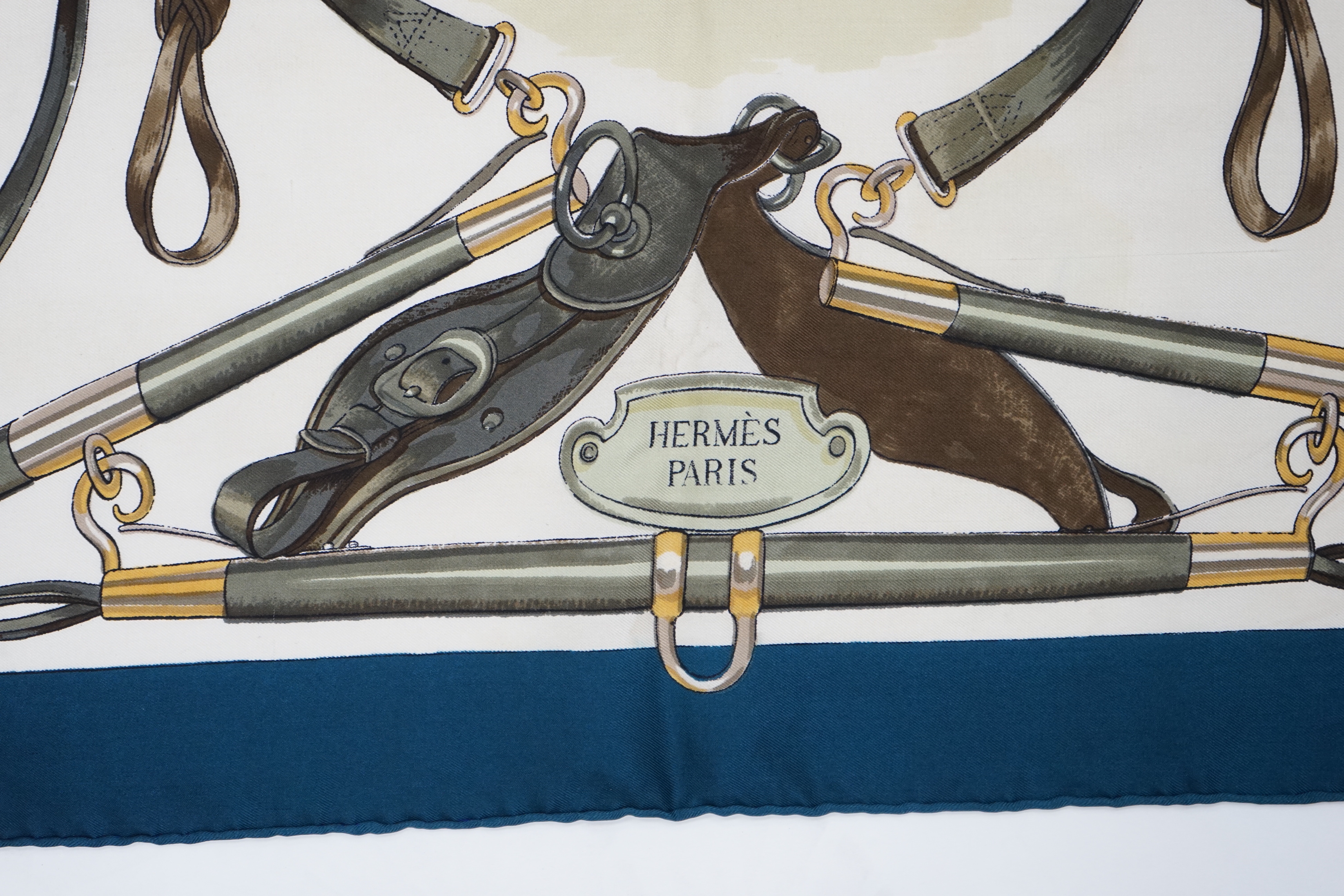 A Hermès Avenue Des Acacias silk scarf, by artist Philippe Ledoux, first issued in 1964 with original box, 90cm x 90cm